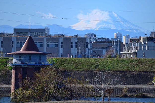 金町浄水場の給水塔と富士山
