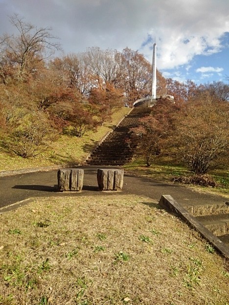 長峰公園の丘の石のベンチとタワーの景色（12月4日）