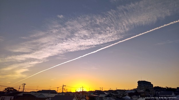 朝陽と飛行機雲
