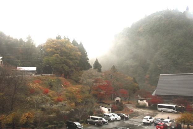 霧舞う山の紅葉風景