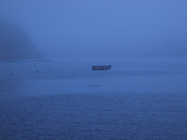 霧に覆われた湖畔