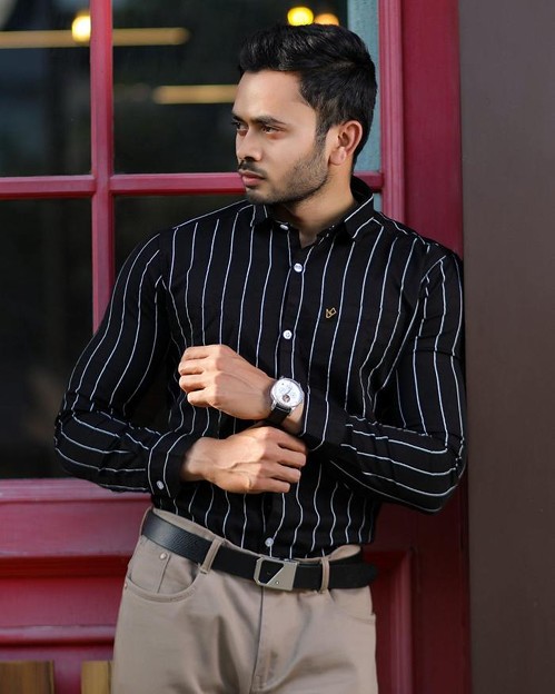 Black And White Striped Regular Fit Formal Office Shirt