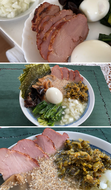サッポロ一番塩ラーメン + 鎌倉ハム（焼豚） + 福岡高菜漬