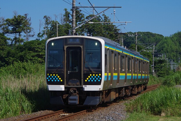 写真: 那古船形～富浦駅間を走るE131系臨時回送