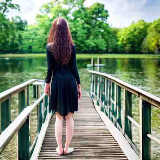 写真: AIピカソ：池に架かる橋の上に立つ髪の長い女性 - 1