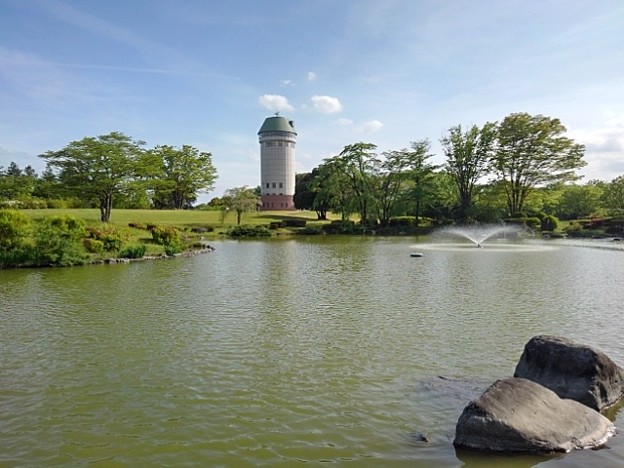 那須野が原公園の池と奥に見えるタワー（4月29日）