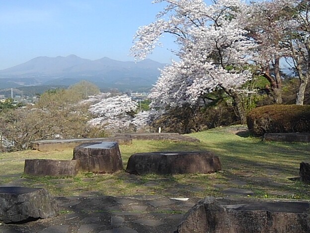 写真: 石のベンチと桜と山（4月13日）