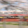 写真: 桜と鉄道流し撮り