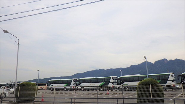 写真: 宮島口の駐車場には多くの観光バスが