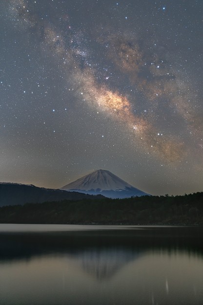 写真: 天の川と富士山　西湖にて　その２