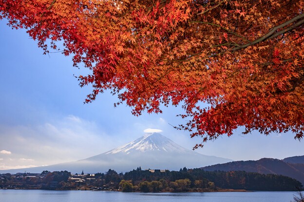 紅葉と霞み富士
