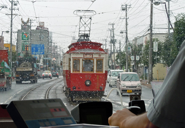写真: 雨を走る函館市電