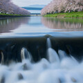 写真: 川辺の桜並木