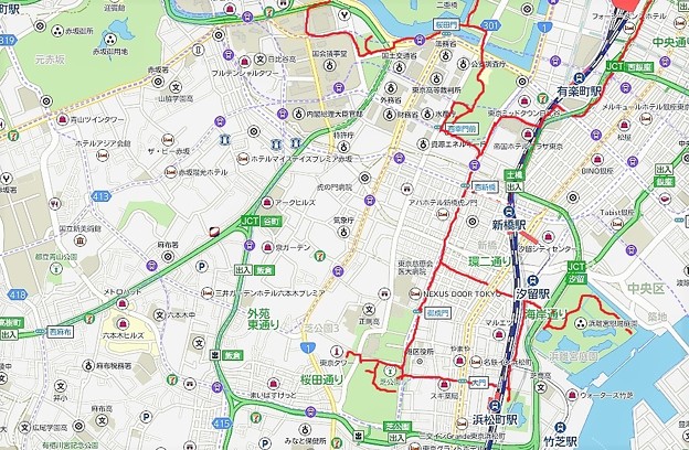 日比谷公園～芝公園（増上寺、東京タワー、浜離宮庭園）地図