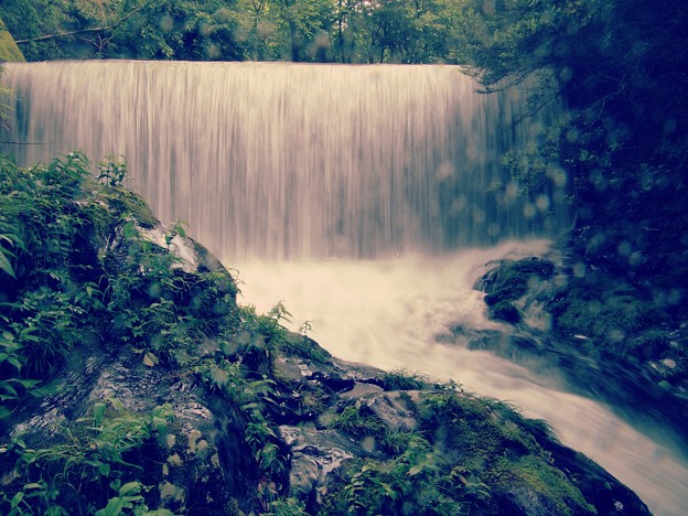 写真: 増水したカーテン滝は…
