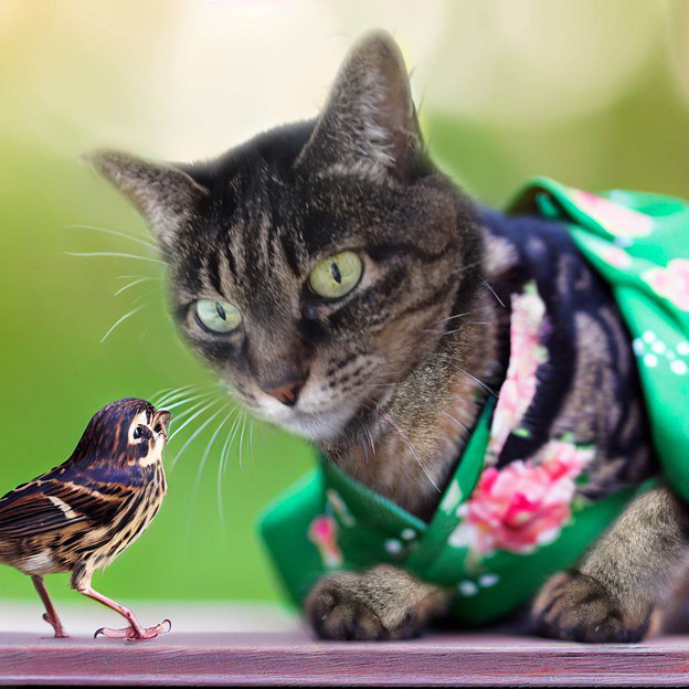 緑の着物姿の小柄の細い黒っぽいbrown-tabby猫は、雀と仲良くする