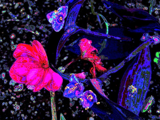 紫御殿と赤い花（絵画調）