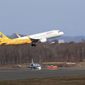 写真: A320 Peach takeoffそして滑走路の向こうに