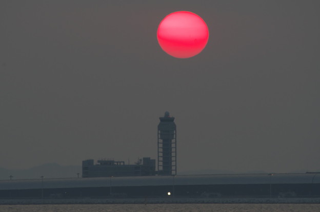 写真: 夕日と管制塔