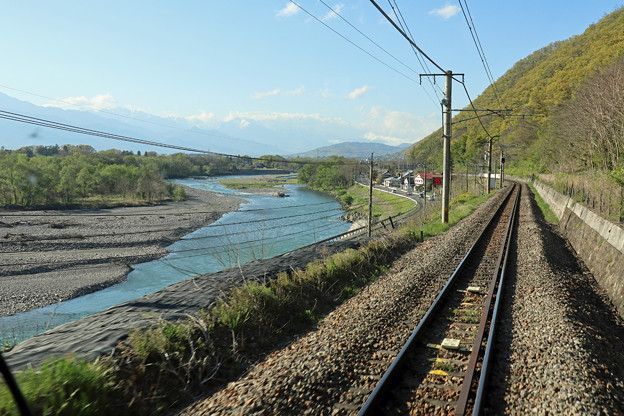 写真: 篠ノ井線後方視界（犀川沿い）