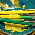 写真: 黄色と緑のペンと九谷焼