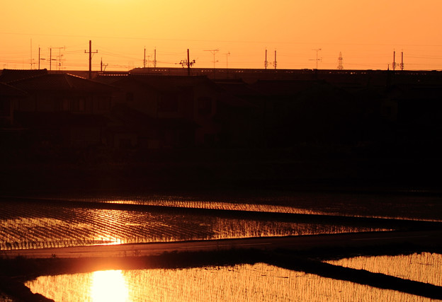 夕日と北陸新幹線