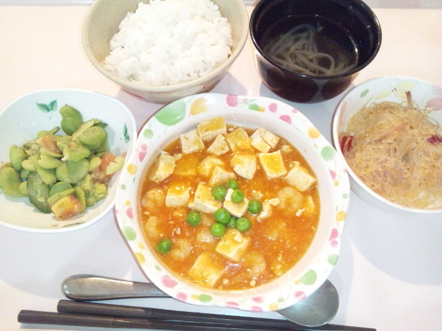 写真: ９月２１日夕食(海老と豆腐のチリソース) #病院食